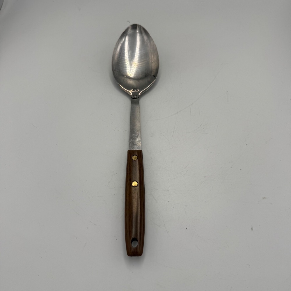 Vintage Stainless USA Serving Spoon Faux Wood Handle Brass Rivets 11.5 Inch